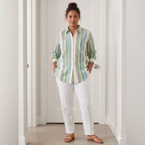 Lord & Taylor Women’s X Small 100% Linen Button Down Shirt Blue Pastel Stripe XS